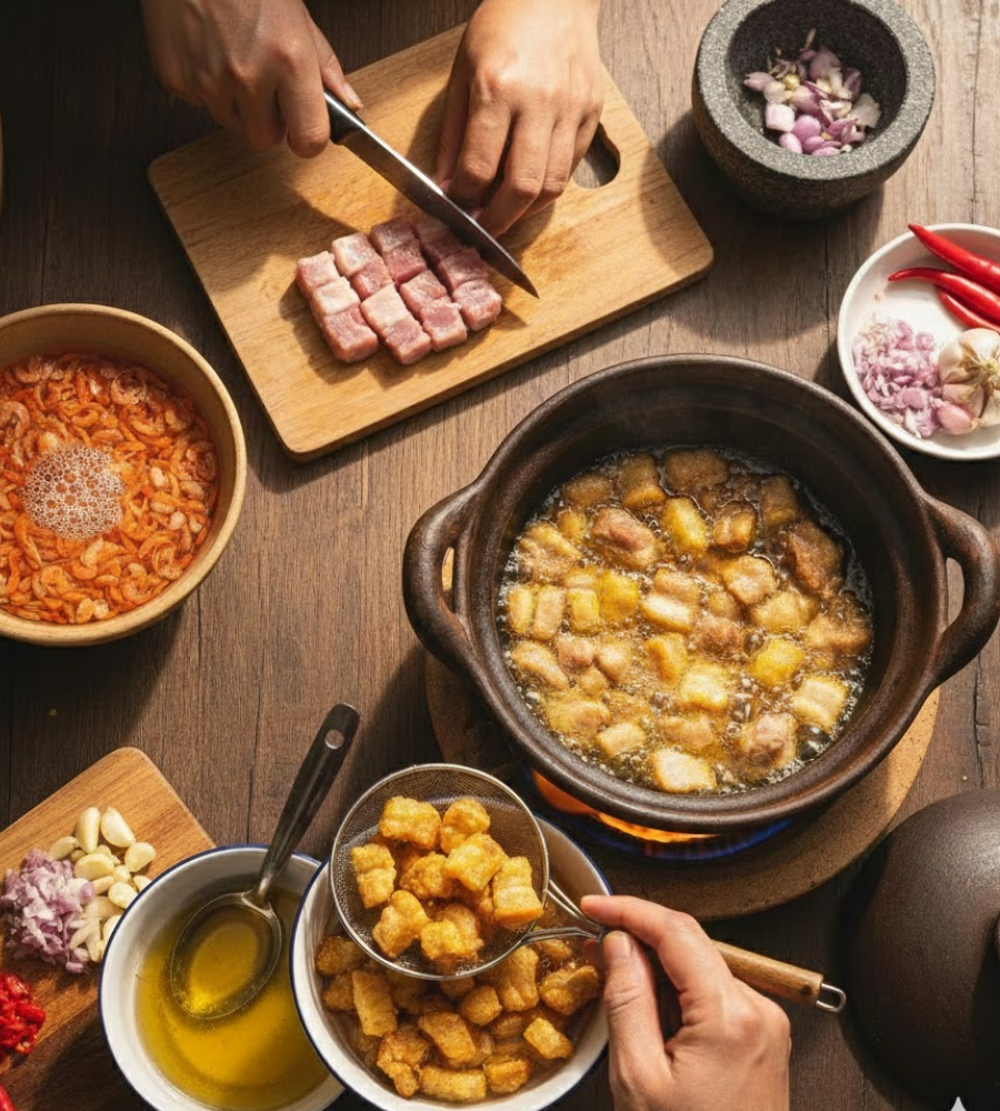 Bước 1 – Thái thịt, làm tóp mỡ & ngâm tôm khô