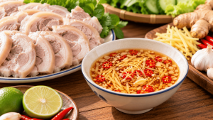 Nước mắm gừng đặc biệt phù hợp với thịt chân giò luộc nhờ hương thơm cay ấm đặc trưng